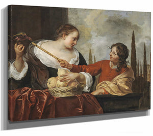 Jacob Van Loo 14" x 11" / Stretched Canvas Wrap A Lady With A Parrot Holding A Basket Of Fruit And A Young Man With A Flute By Jacob Van Loo