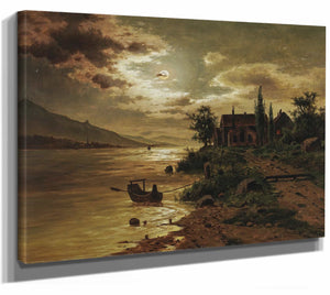 Fritz Chwala 14" x 11" / Stretched Canvas Wrap A Lake Landscape In The Moonlight By Fritz Chwala