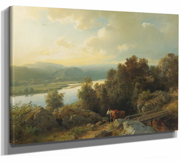 Hans Gude 14" x 11" / Stretched Canvas Wrap A Lakeside Landscape By Hans Gude