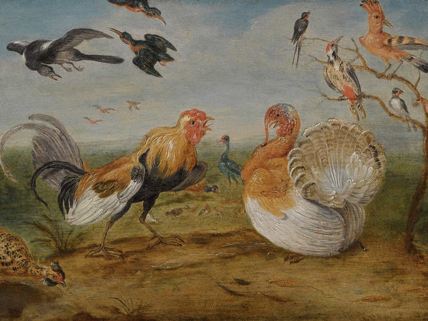 Jan Van Kessel The Elder A Landscape With A Cockerel And A Turkey Squabbling And Other Fowl By Jan Van Kessel The Elder