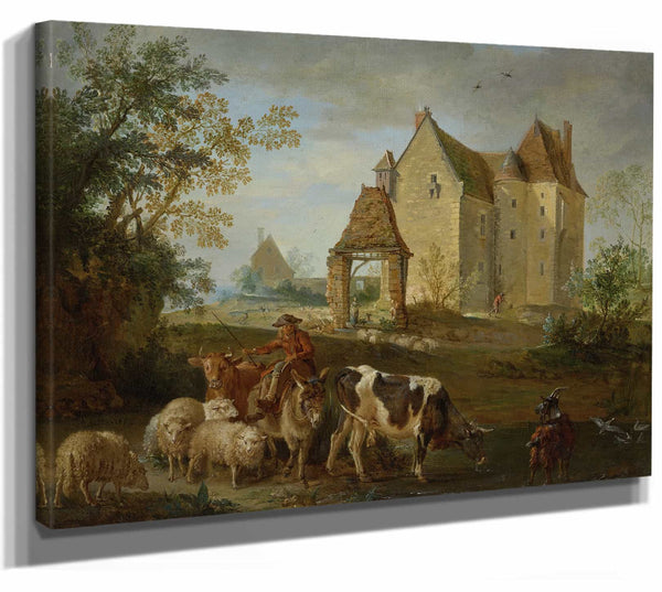 A Landscape With A Shepherd Driving Animals To Pasture A Castle Beyond By Jean Baptiste Oudry