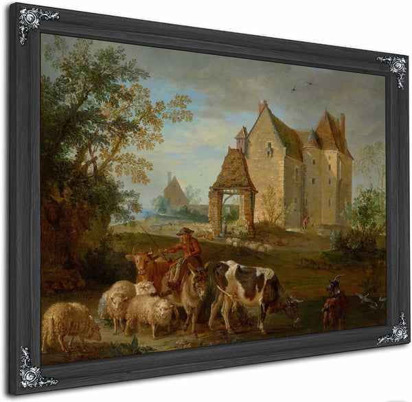 A Landscape With A Shepherd Driving Animals To Pasture A Castle Beyond By Jean Baptiste Oudry