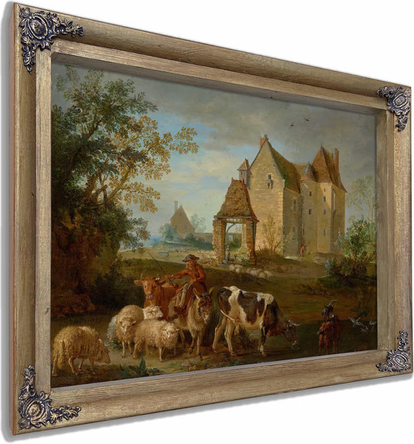 A Landscape With A Shepherd Driving Animals To Pasture A Castle Beyond By Jean Baptiste Oudry