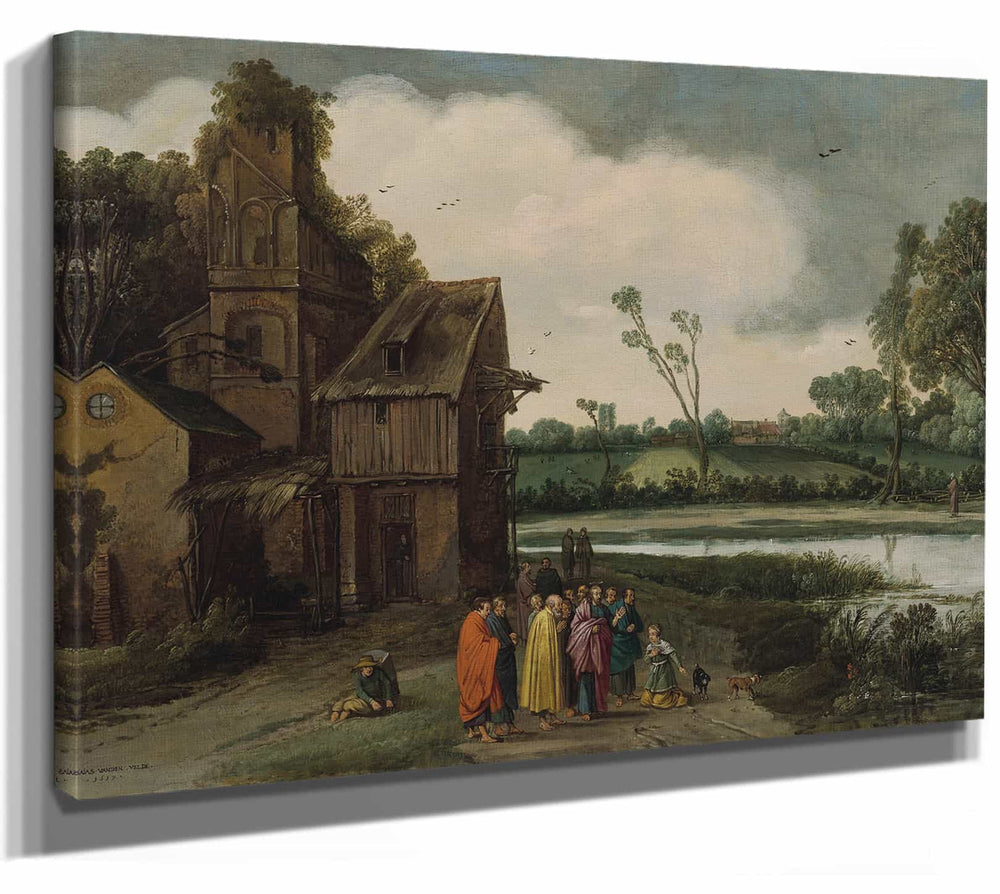 Esaias Van De Velde 14" x 11" / Stretched Canvas Wrap A Landscape With Christ And The Canaanite Woman By Esaias Van De Velde