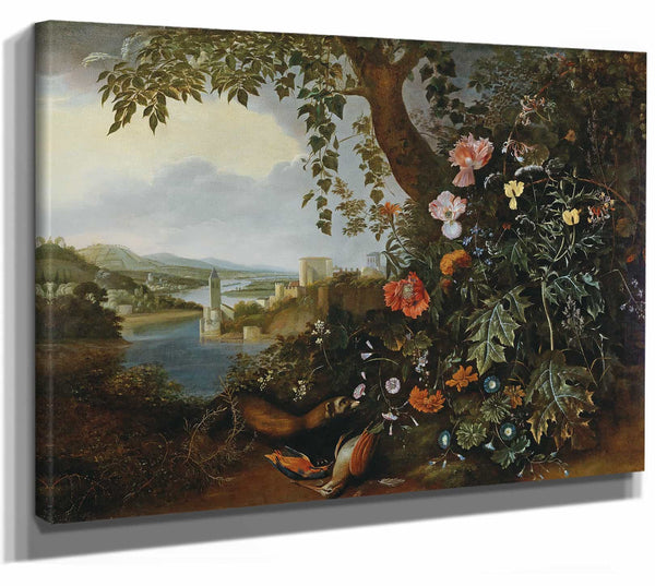 A Landscape With Flowers And A Marten And Bird Trap By Matthias Withoos