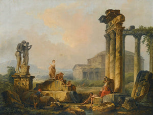 Hubert Robert A Landscape With Shepherds And Shepherdesses Among Ancient Ruins With The Statue Of Castor And Pollux And The Pantheon Beyond By Hubert Robert