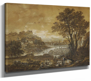 Francesco Zuccarelli 14" x 11" / Stretched Canvas Wrap A Landscape With Shepherds Resting Under A Tree By A Cascade By Francesco Zuccarelli