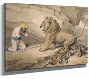 Samuel Howitt 14" x 11" / Stretched Canvas Wrap A Lion Standing Over A Wounded Leapard By Samuel Howitt