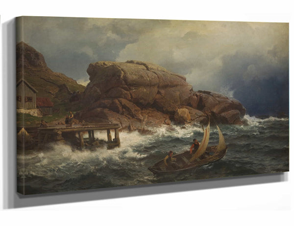 Hans Gude 18" x 12" / Stretched Canvas Wrap A Norwegian Seaport By Hans Gude