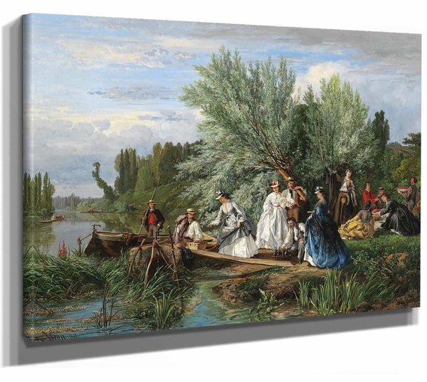 Alexandre Rene Veron 14" x 11" / Stretched Canvas Wrap A Picnic By The River By Alexandre Rene Veron