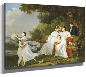 Adele Romany 14" x 11" / Stretched Canvas Wrap A Portrait Of A Family With Their Pug In A River Landscape By Adele Romany