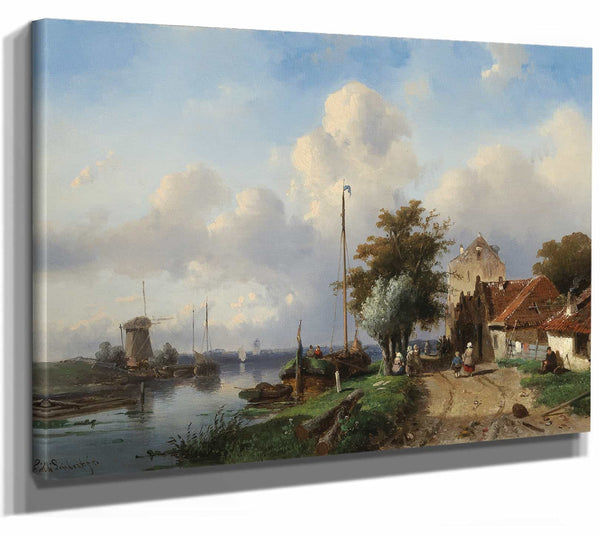 A River Landscape With Figures On The Bank By Charles Leickert