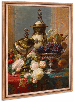 A Still Life With Roses Grapes And A Silver Inlaid Nautilus Shell By Jean Baptiste Robie