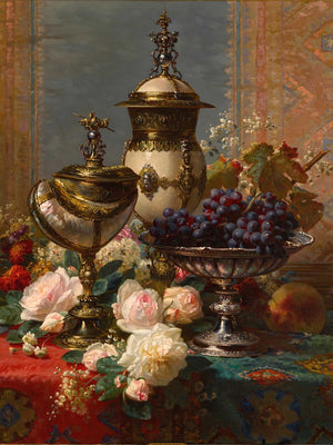 Jean Baptiste Robie A Still Life With Roses Grapes And A Silver Inlaid Nautilus Shell By Jean Baptiste Robie