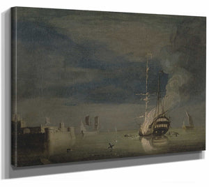 Charles Brooking 14" x 11" / Stretched Canvas Wrap A Two Decker On Fire At Night Off A Fort By Charles Brooking