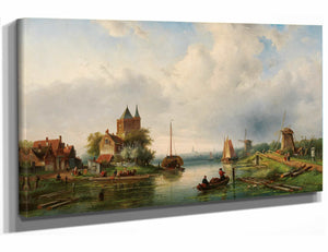 Charles Leickert 18" x 12" / Stretched Canvas Wrap A Vast River Landscape With Windmills By Charles Leickert