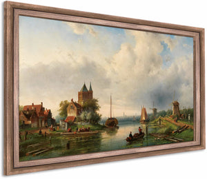 A Vast River Landscape With Windmills By Charles Leickert