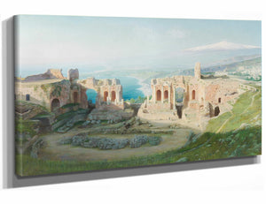 Adolf Bohm 18" x 12" / Stretched Canvas Wrap A View Of The Amphitheatre At Taormina With Etna Beyond By Adolf Bohm