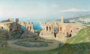 Adolf Bohm 18" x 12" / Unframed Paper A View Of The Amphitheatre At Taormina With Etna Beyond By Adolf Bohm