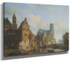 Cornelis Springer 14" x 11" / Stretched Canvas Wrap A View Of The Delftse Vaart And St Laurens Church Rotterdam By Cornelis Springer