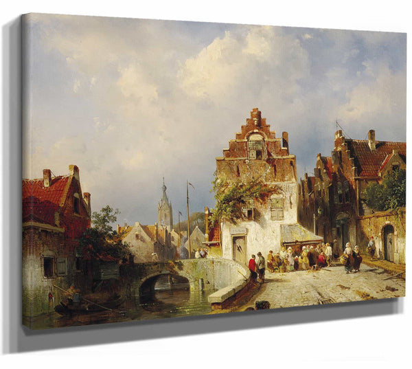 A Village Scene With A Bridge By Charles Leickert