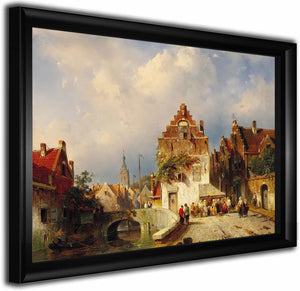 A Village Scene With A Bridge By Charles Leickert