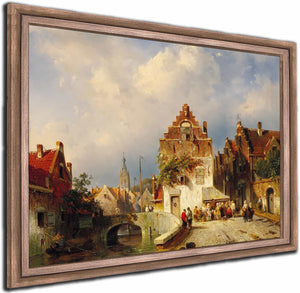 A Village Scene With A Bridge By Charles Leickert