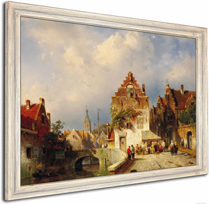 A Village Scene With A Bridge By Charles Leickert