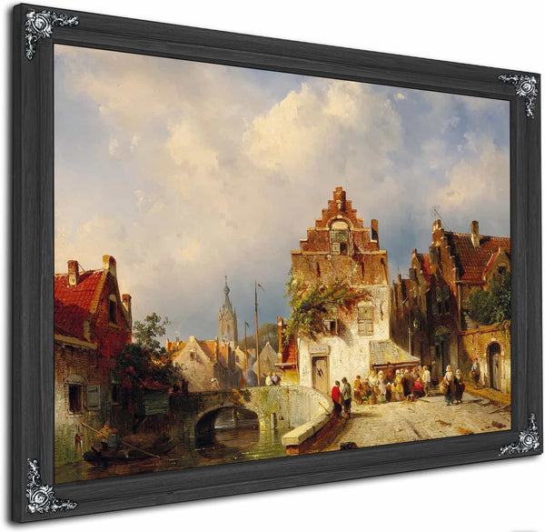 A Village Scene With A Bridge By Charles Leickert