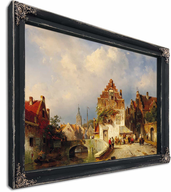 A Village Scene With A Bridge By Charles Leickert