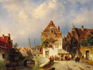 Charles Leickert A Village Scene With A Bridge By Charles Leickert