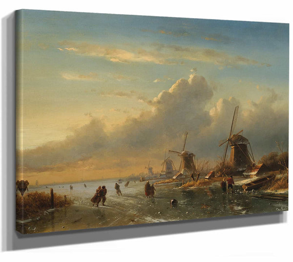 Charles Leickert 14" x 11" / Stretched Canvas Wrap A Winter Landscape At Sunset With Figures On The Ice By Charles Leickert