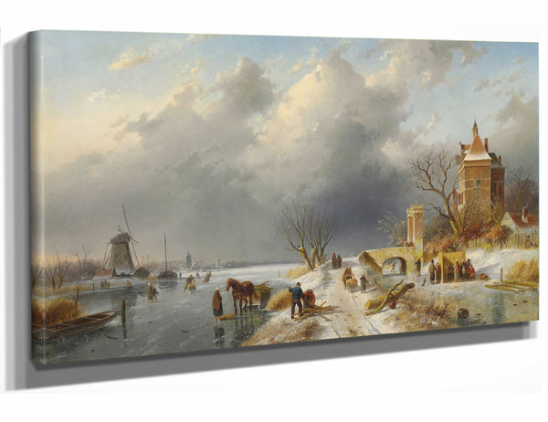 Charles Leickert 18" x 12" / Stretched Canvas Wrap A Winter Landscape With Figures On The Ice By Charles Leickert