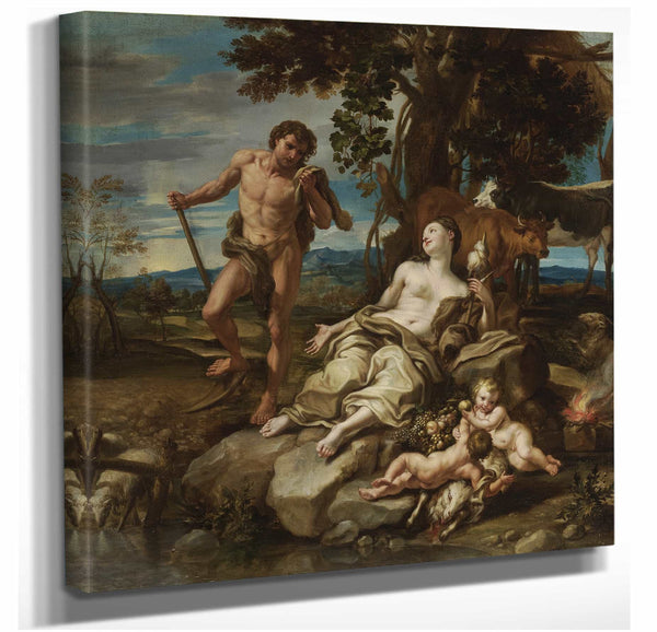 Lorenzo De Ferrari 12" x 12" / Stretched Canvas Wrap Adam And Eve With The Infants Cain And Abel By Lorenzo De Ferrari