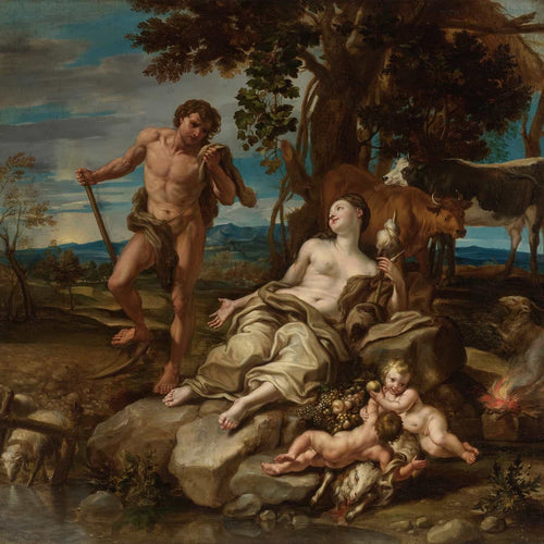 Lorenzo De Ferrari 12" x 12" / Unframed Paper Adam And Eve With The Infants Cain And Abel By Lorenzo De Ferrari