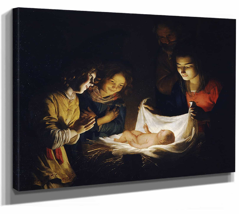 Gerard Van Honthorst 14" x 11" / Stretched Canvas Wrap Adoration Of The Child By Gerard Van Honthorst