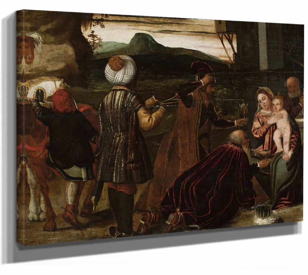 Francesco Bassano The Elder 14" x 11" / Stretched Canvas Wrap Adoration Of The Magi By Francesco Bassano The Elder