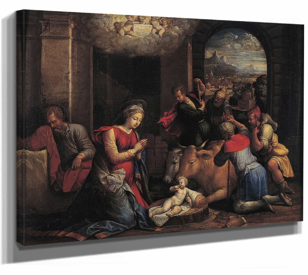 Benvenuto Tisi 14" x 11" / Stretched Canvas Wrap Adoration Of The Sheperds By Benvenuto Tisi