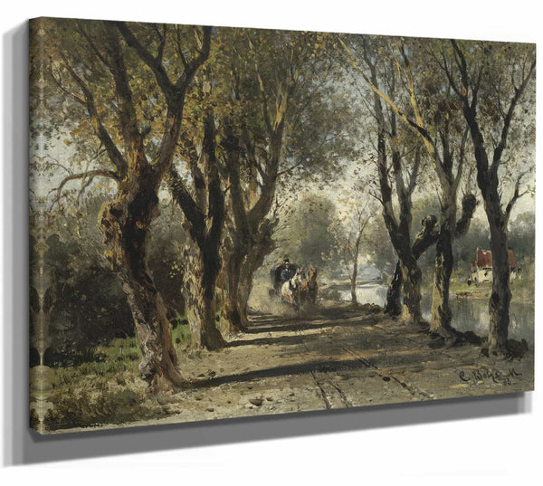 Carl Bolze 14" x 11" / Stretched Canvas Wrap Allee Am Fluß Mit Postkutsche (1883) By Carl Bolze