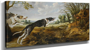 Paul De Vos An Extensive Landscape With Three Hounds Surprising A Wild Boar And Its Young By Paul De Vos