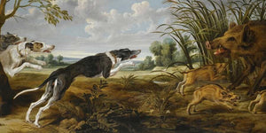 Paul De Vos An Extensive Landscape With Three Hounds Surprising A Wild Boar And Its Young By Paul De Vos