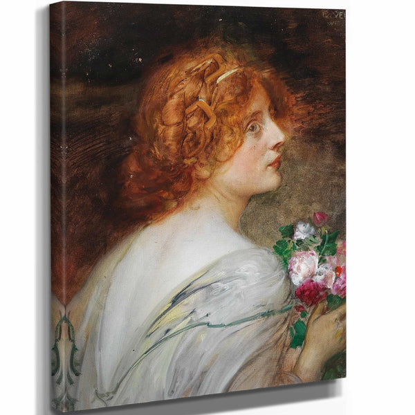 Eduar 11" x 14" / Stretched Canvas Wrap Back View Of A Young Woman In Profile With A Bouquet Of Roses In Her Hands By Eduar