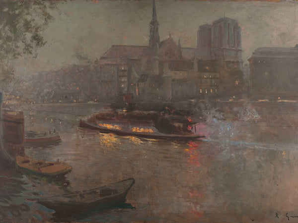 Adolphe Ernest Gumery Bateau Mouche Sur La Seine Le Soir Devant Notre Dame By Adolphe Ernest Gumery