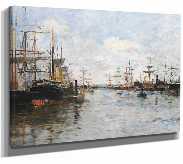 Edmond Marie Petitjean 14" x 11" / Stretched Canvas Wrap Bateaux En Rade By Edmond Marie Petitjean