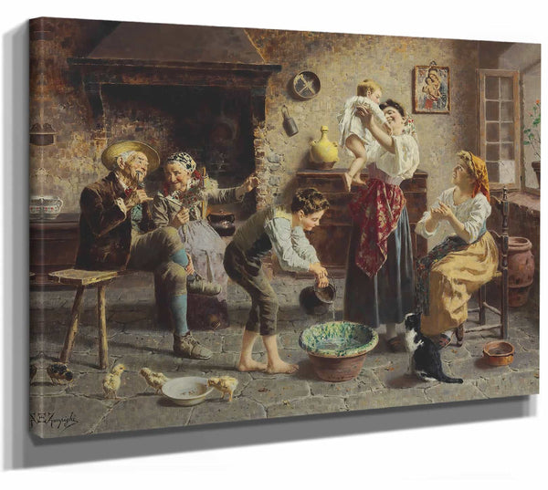 Eugenio Zampighi 14" x 11" / Stretched Canvas Wrap Bath Time By Eugenio Zampighi