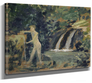 Ernst Schiess 14" x 11" / Stretched Canvas Wrap Bathing Boy In A River In The Woods By Ernst Schiess