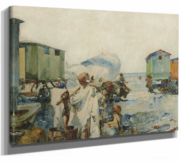 Jose Navarro Y Llorens 14" x 11" / Stretched Canvas Wrap Bathing On The Beach Beside The Carts By Jose Navarro Y Llorens