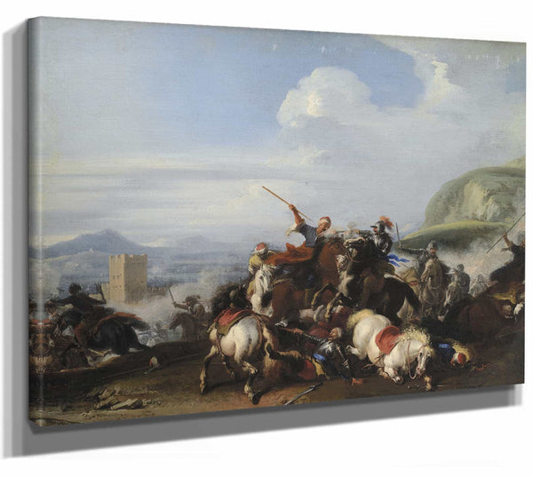 Jacques Courtois 14" x 11" / Stretched Canvas Wrap Battle Scene With Turkish Cavalry (1636 – 1675) By Jacques Courtois