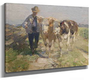 Heinrich Von Zugel 14" x 11" / Stretched Canvas Wrap Bauer Mit Kuhen By Heinrich Von Zugel