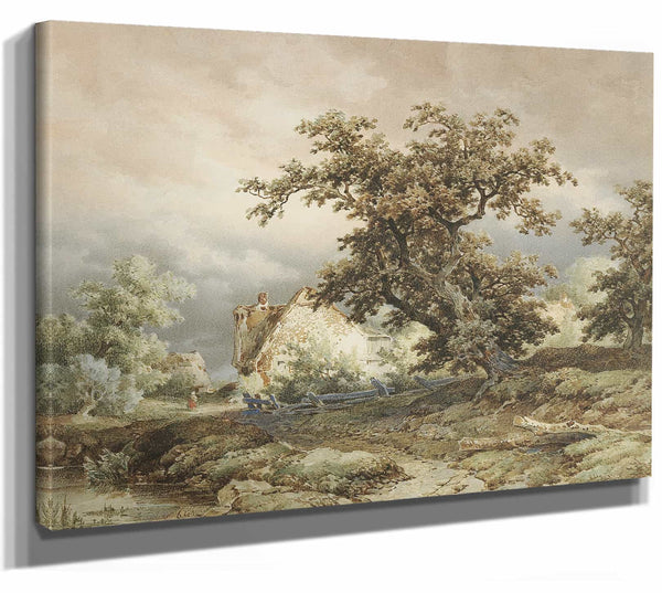 Remigius Adrianus Van Haanen 14" x 11" / Stretched Canvas Wrap Bauernhaus Und Eiche By Remigius Adrianus Van Haanen